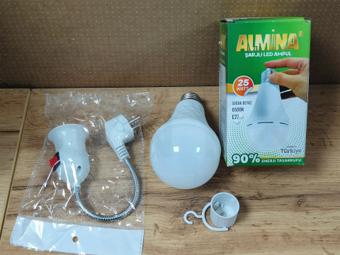 Світлодіодна лампа з акумулятором ALMINA DL-1025, 25W  (комплект з гнучким патроном та вимикачем)